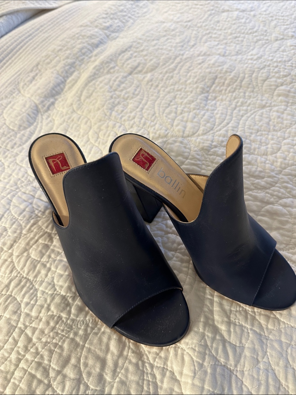 Ballin Navy Open-Toe Leather Mule Heels